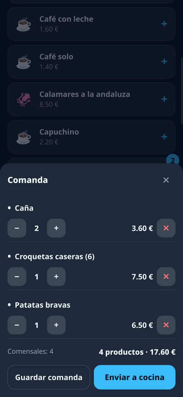 Comanda móvil real: líneas con cantidad y precio, comensales, total y botones para guardar o enviar a cocina.