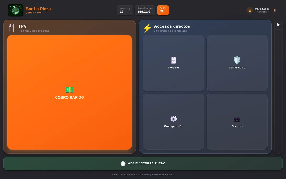 Pantalla principal real del TPV: ventas y recaudación del día, sesión del empleado y accesos a carta, informes, historial y facturas.