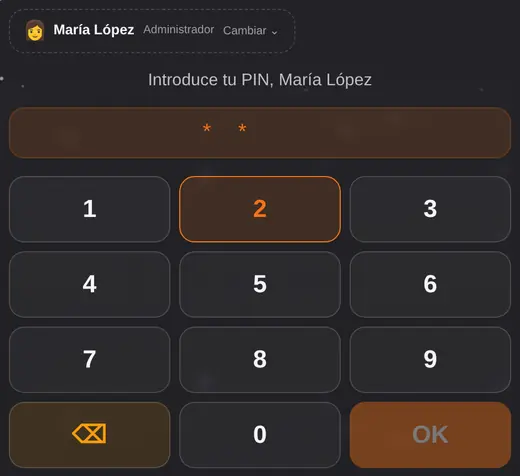 Teclado numérico real para introducir el PIN del empleado, sin contraseñas compartidas.
