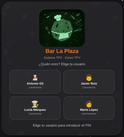 Pantalla de acceso real: cada empleado elige su usuario de la lista del equipo.