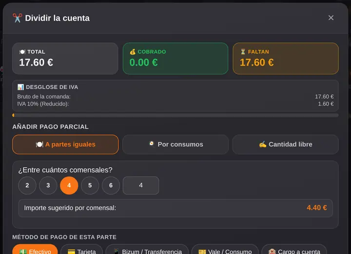División de cuenta real en el TPV: total, cobrado, pendiente, desglose de IVA y reparto entre comensales.